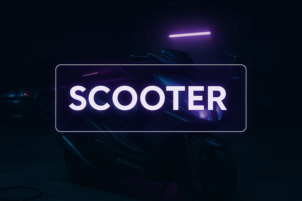 Ein stylischer 2STROKE Scooter in einer dunklen Umgebung, beleuchtet von leuchtenden Lichtern. Perfekt für Streetracing und Abenteuer, dieser Scooter zeigt den Vibe einer Vendetta und einer aufregenden Straßenrenn-Kultur.
