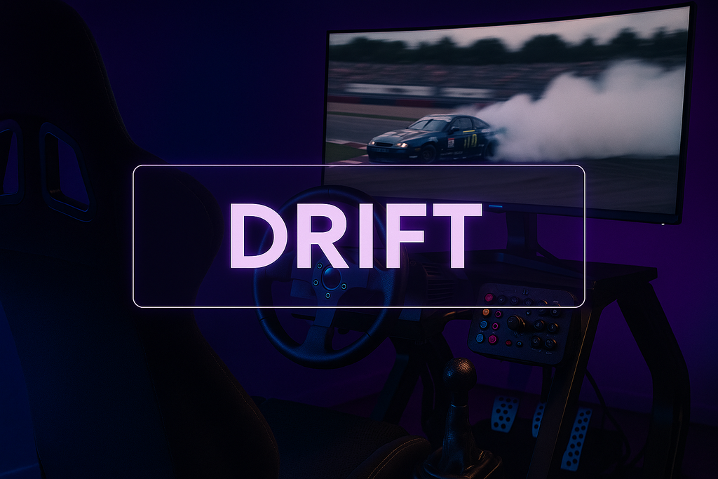 Ein modernes Cockpit für Drift Racing Simulation mit einem Racing-Sitz, Lenkrad und Monitor, ideal für Drift Racing Simulation Equipment. Perfekt für Vendetta und Streetrace Fans im Sim-Bereich.
